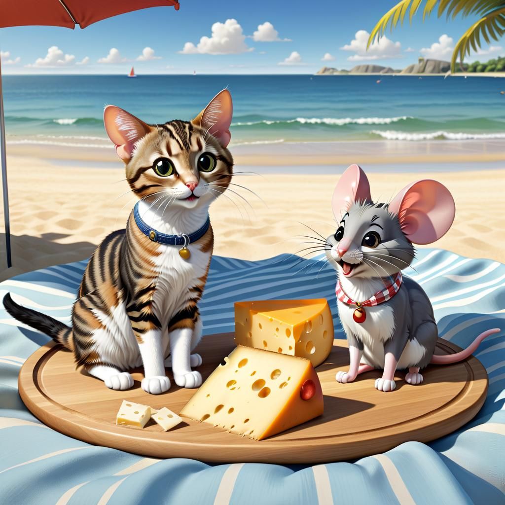 Cartoon Cat and Mouse Beach Picnic