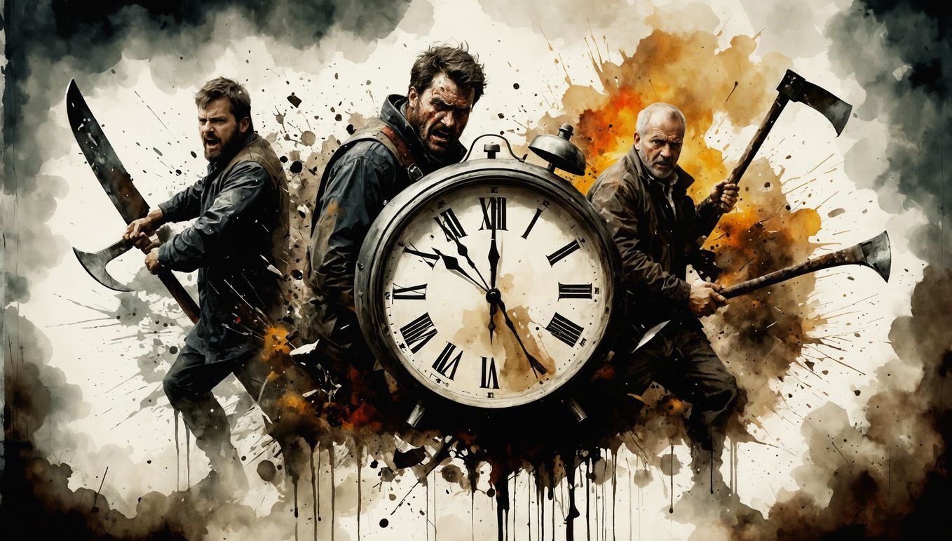 Angry Figures Smashing Clock in Dark Fantasy Style