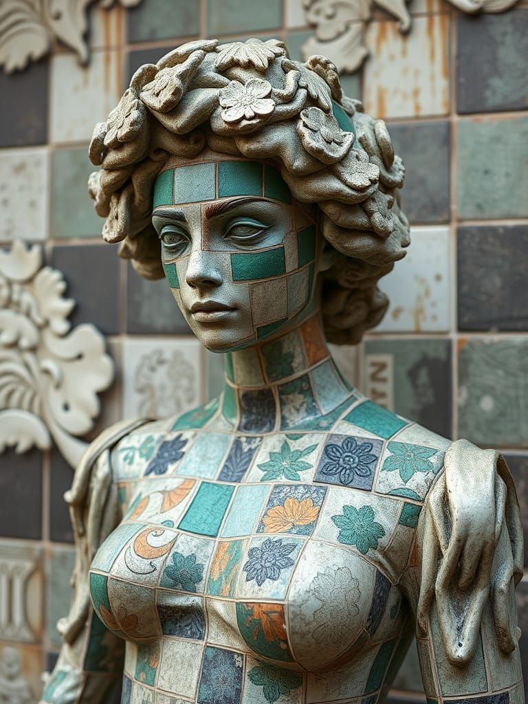 Avant-Garde Living Statue Portrait in Distressed Photo Style