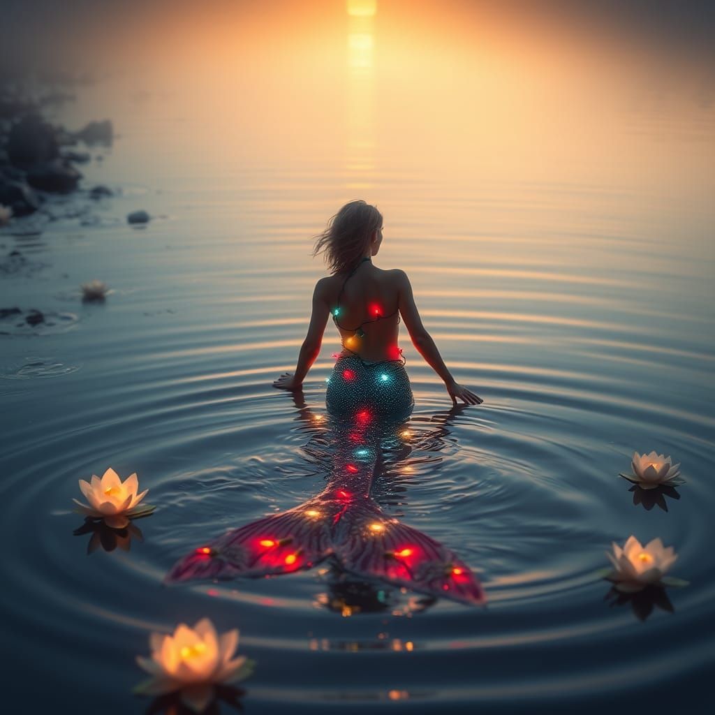 Mystical Mermaid Transformation in River at Sunset