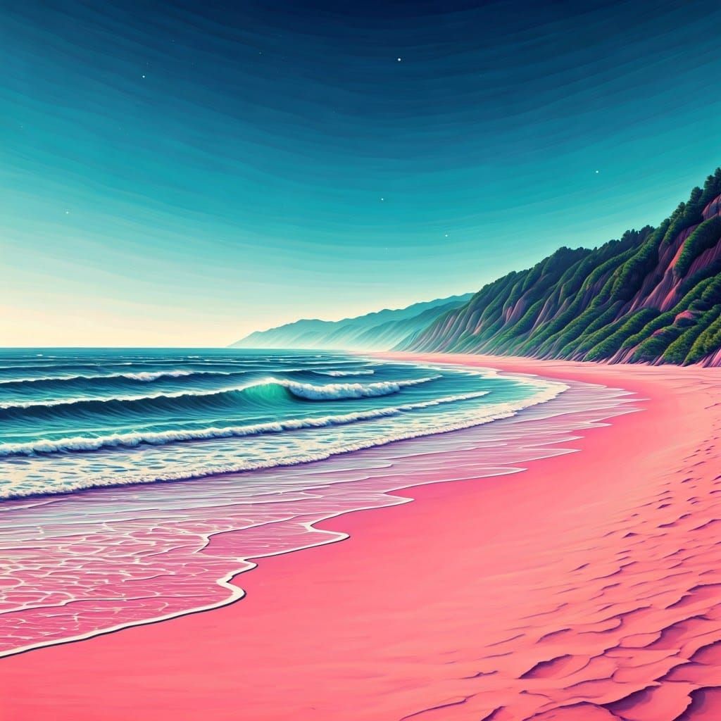 Pink Sand Beach Scene in Mystical Fog