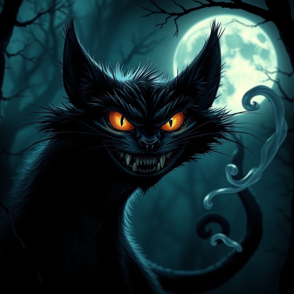 Sinister Cheshire Cat in a Haunted Forest
