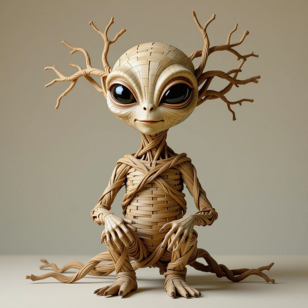 Whimsical Wooden Alien Sculpture in Organic Style