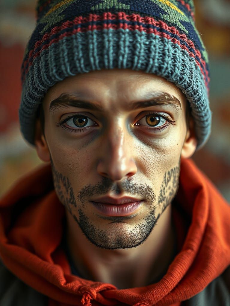 Close-Up Digital Art of Man in Beanie with Bloopers