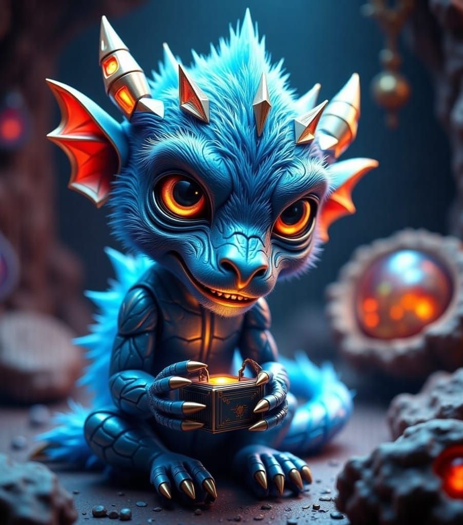 Iridescent Crystal Dragon Baby in Gemstone Cave