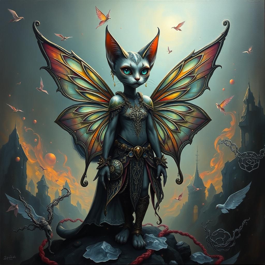 Surreal Fairy Cat Elf in Dystopian Landscape