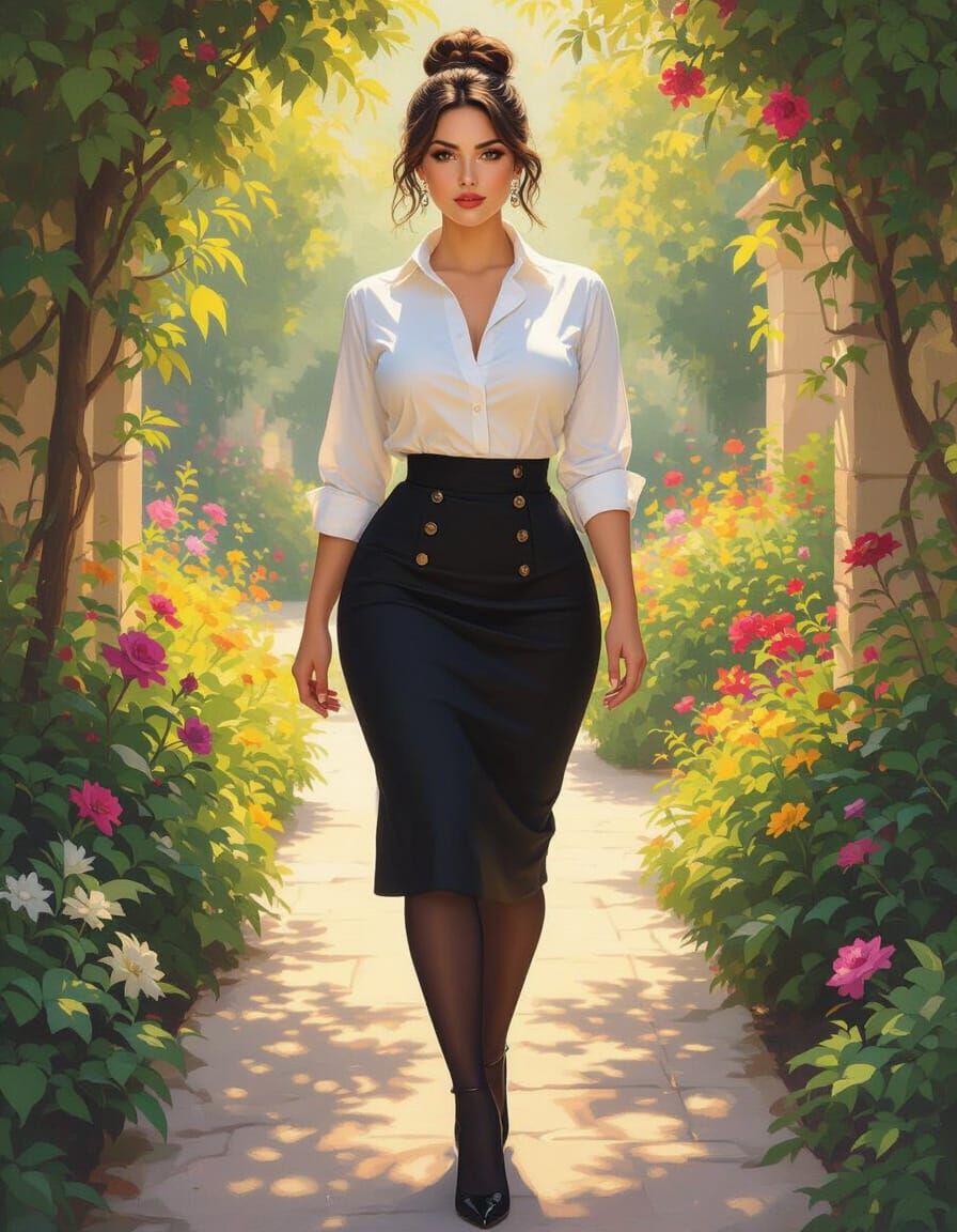 Woman in City Garden as Oil Painting