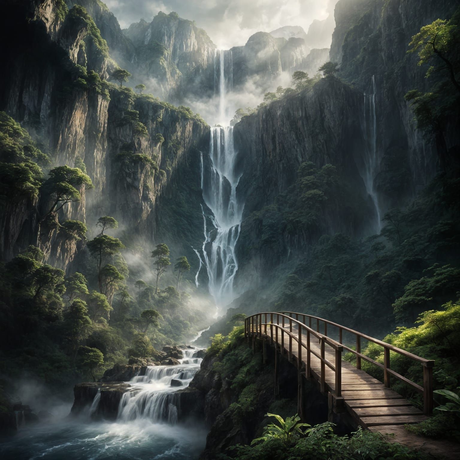Towering Waterfall Cascading into Canyon: Digital Matte Pain...