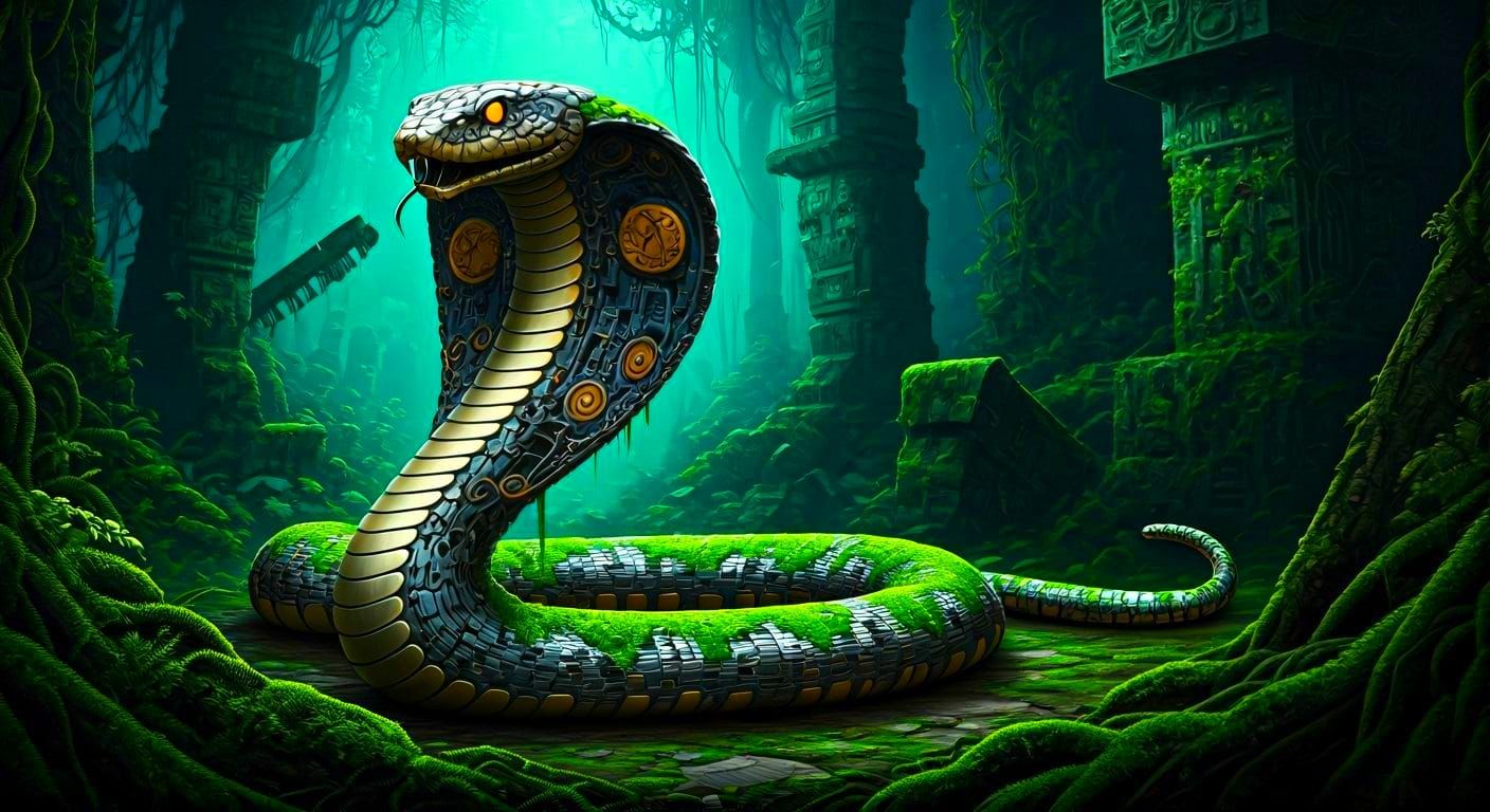 Biomechanical Cobra in Alien Jungle, Art Nouveau Style