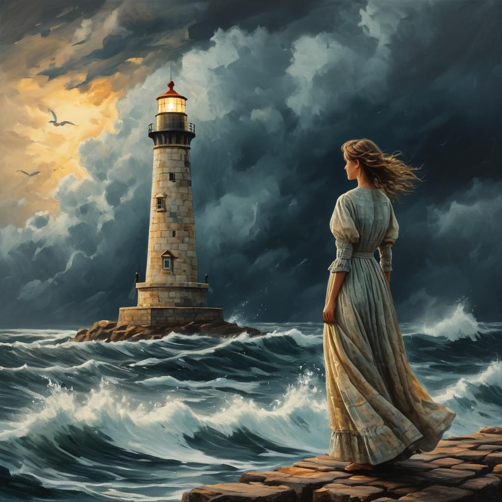 Woman on Lighthouse in Stormy Sea Oil Painting