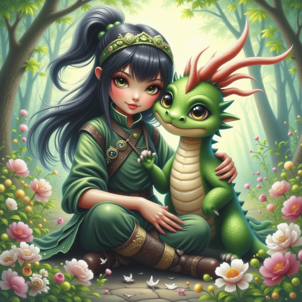Ninja with Dragon Pet in Whimsical Fantasy Style