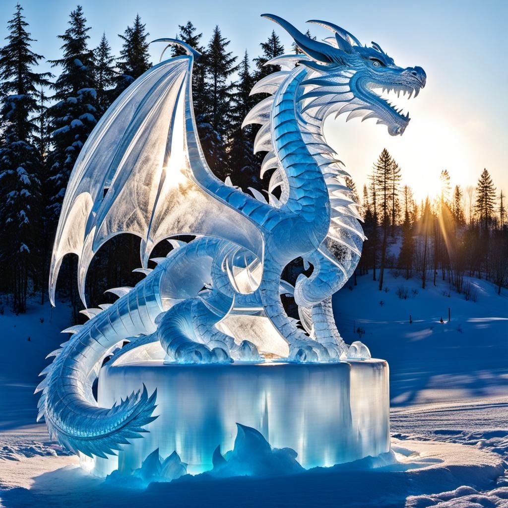 Giant Ice Dragon Sculpture in Winter Sunlight