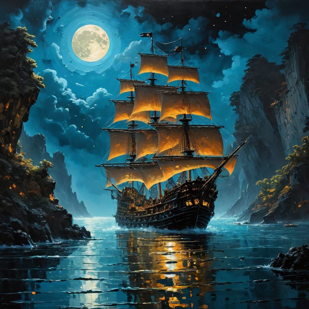 Pirate Ship at Night in an Oil Painting Style