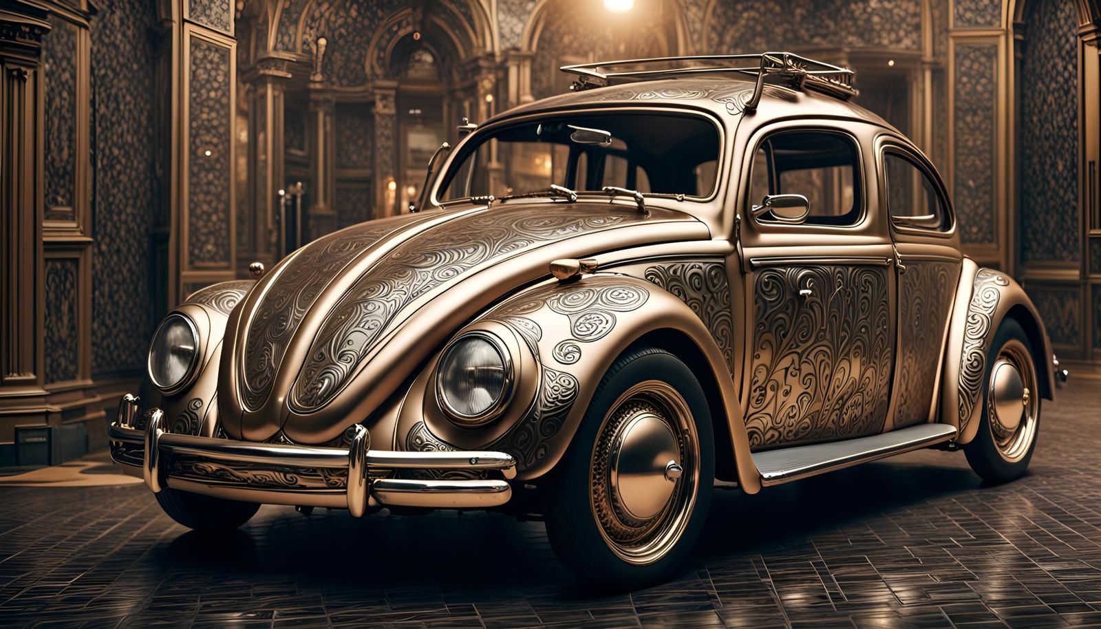 Engraved Metal Beetle: 3D Rendered Automotive Art