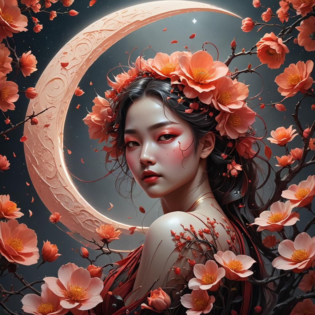 Vibrant Peach Blossoms Surround a Crescent Moon in Hyperreal...