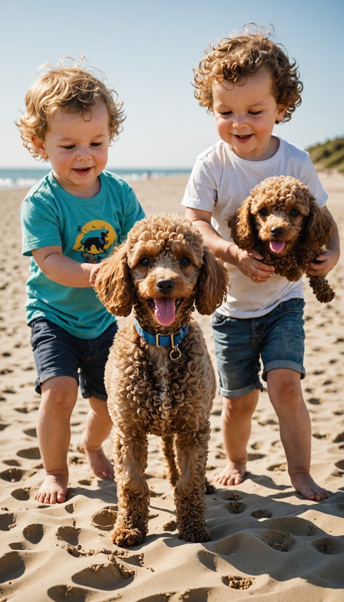 Baby Boys and Toy Poodles on Sunny Beach