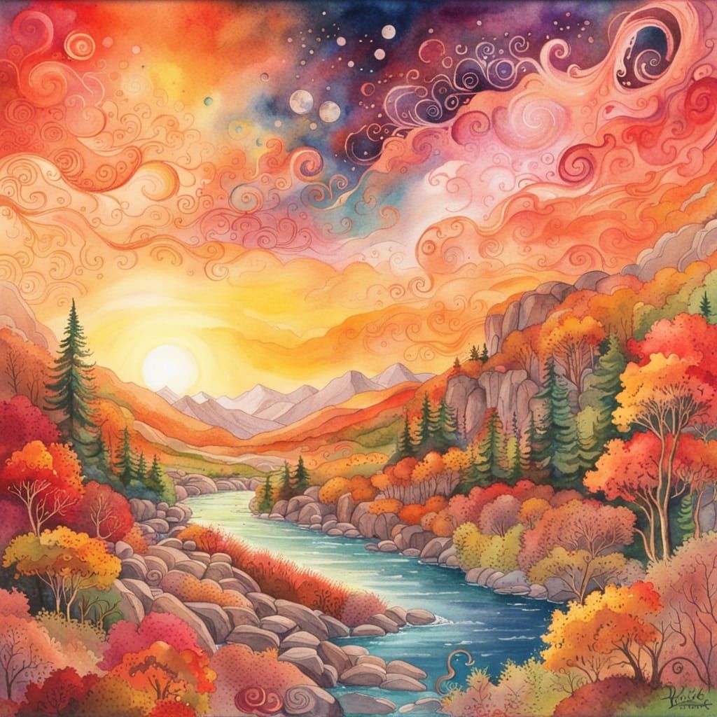 Lush Autumn Valley Sunset in Watercolor Style