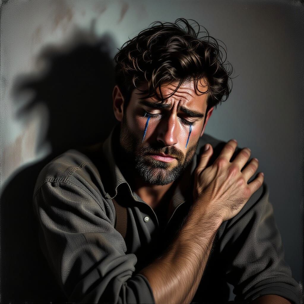 Man's Grief Reflected in Shadow, Noir Portrait