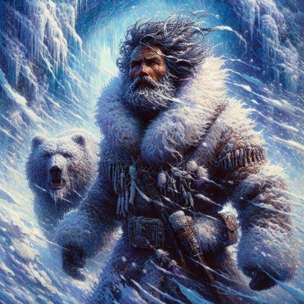 Inuit Man and Bear in Snowstorm as Impasto Painting