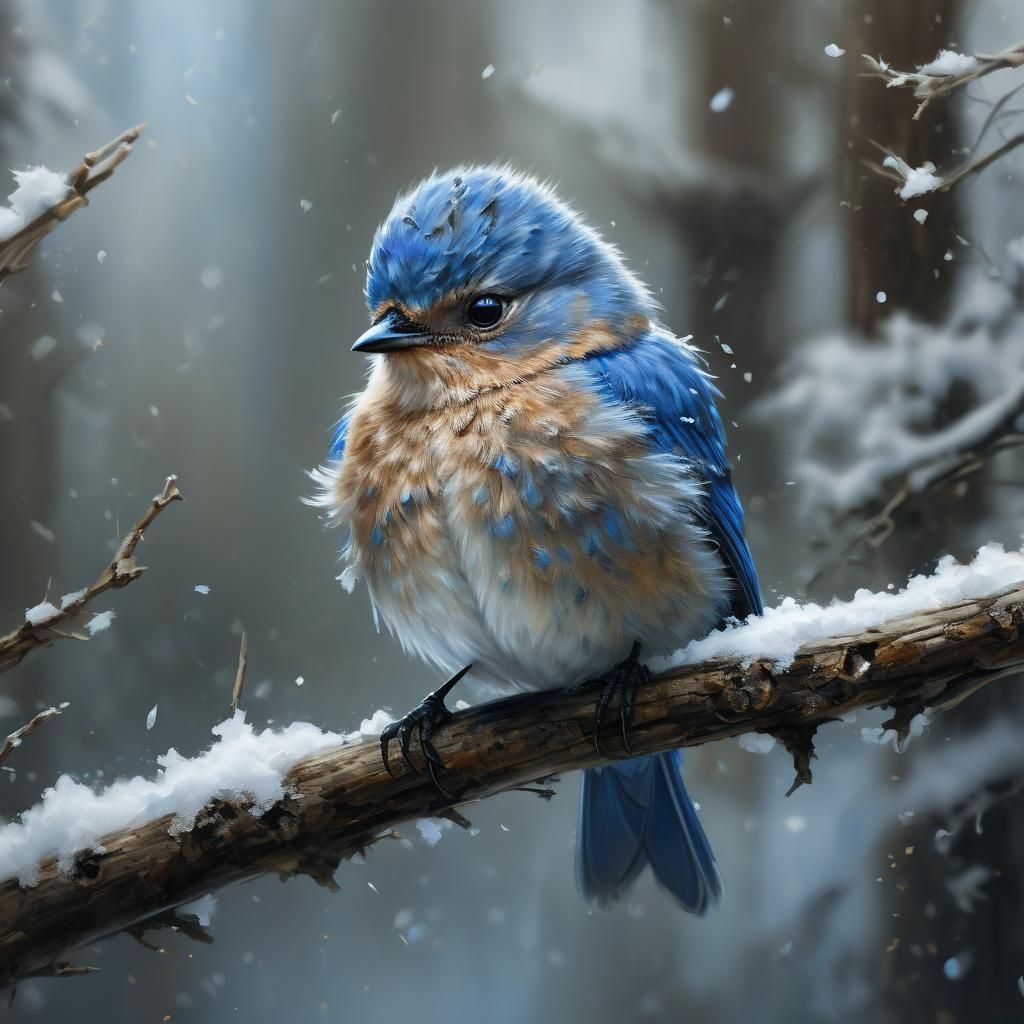 Detailed Portrait of a Fluffy Bluebird in Snow