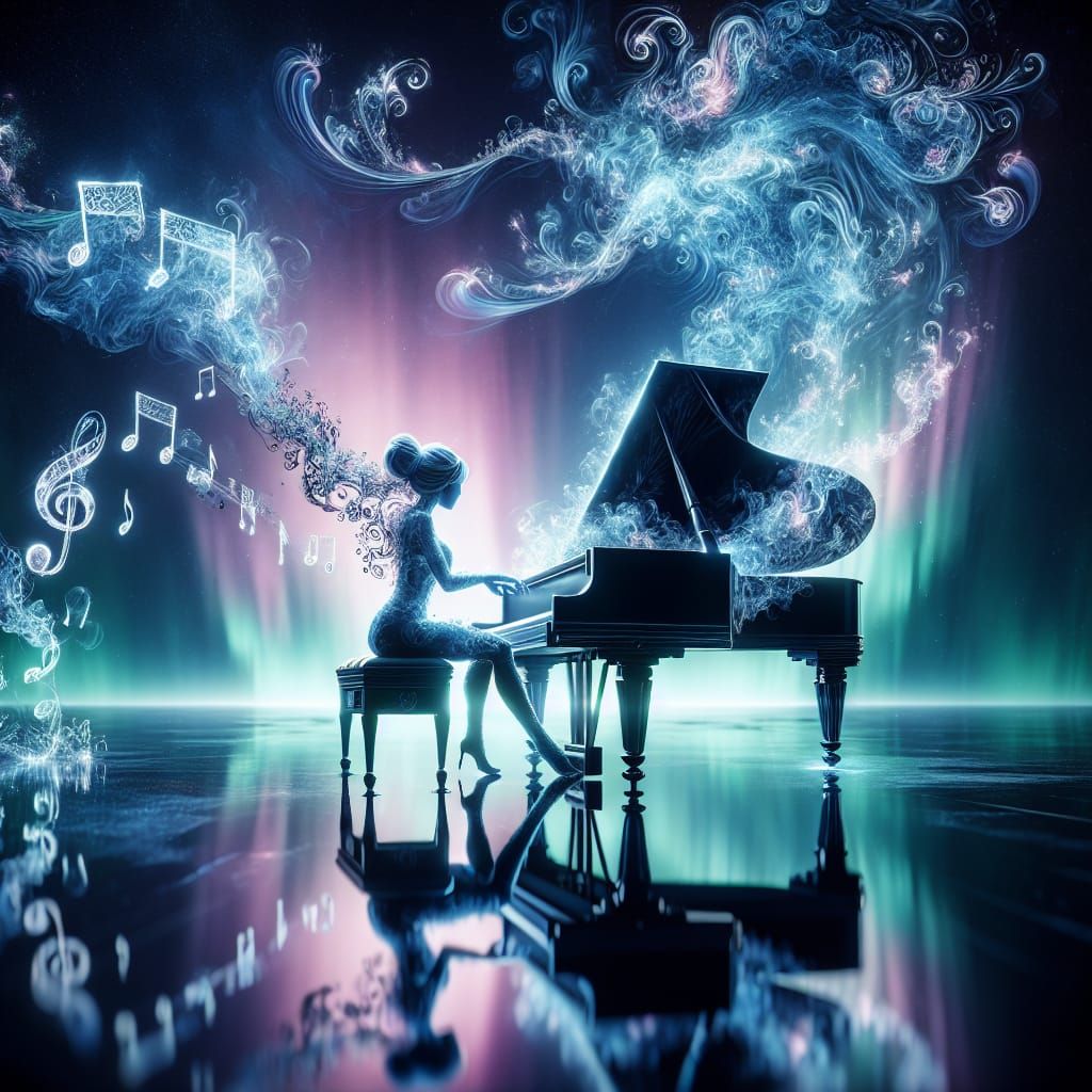Smoky Woman Plays Piano Under Aurora Borealis
