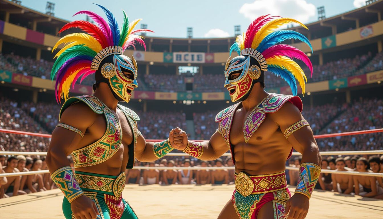 Luchadores Battle in Sun-Drenched Arena in Energetic Style