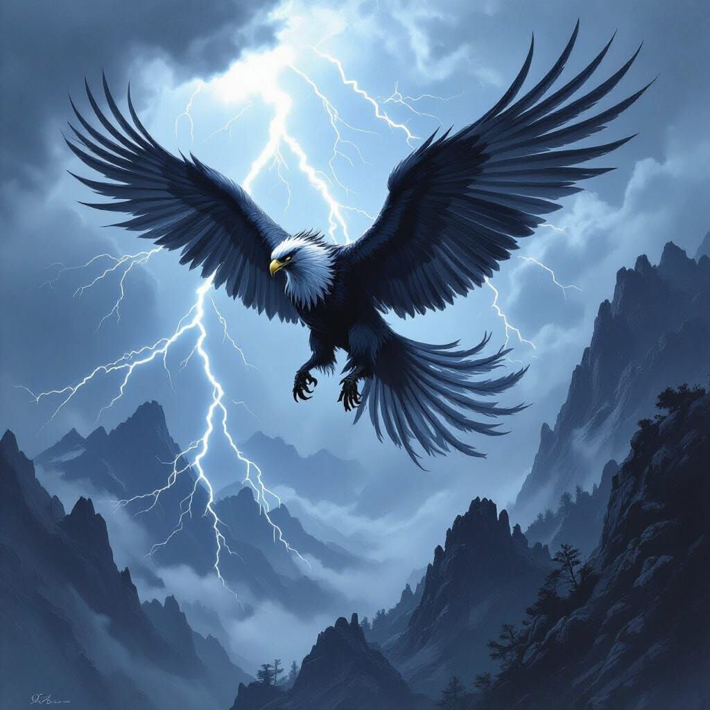 Griffin Soaring Through Stormy Sky in Gothic Art Style