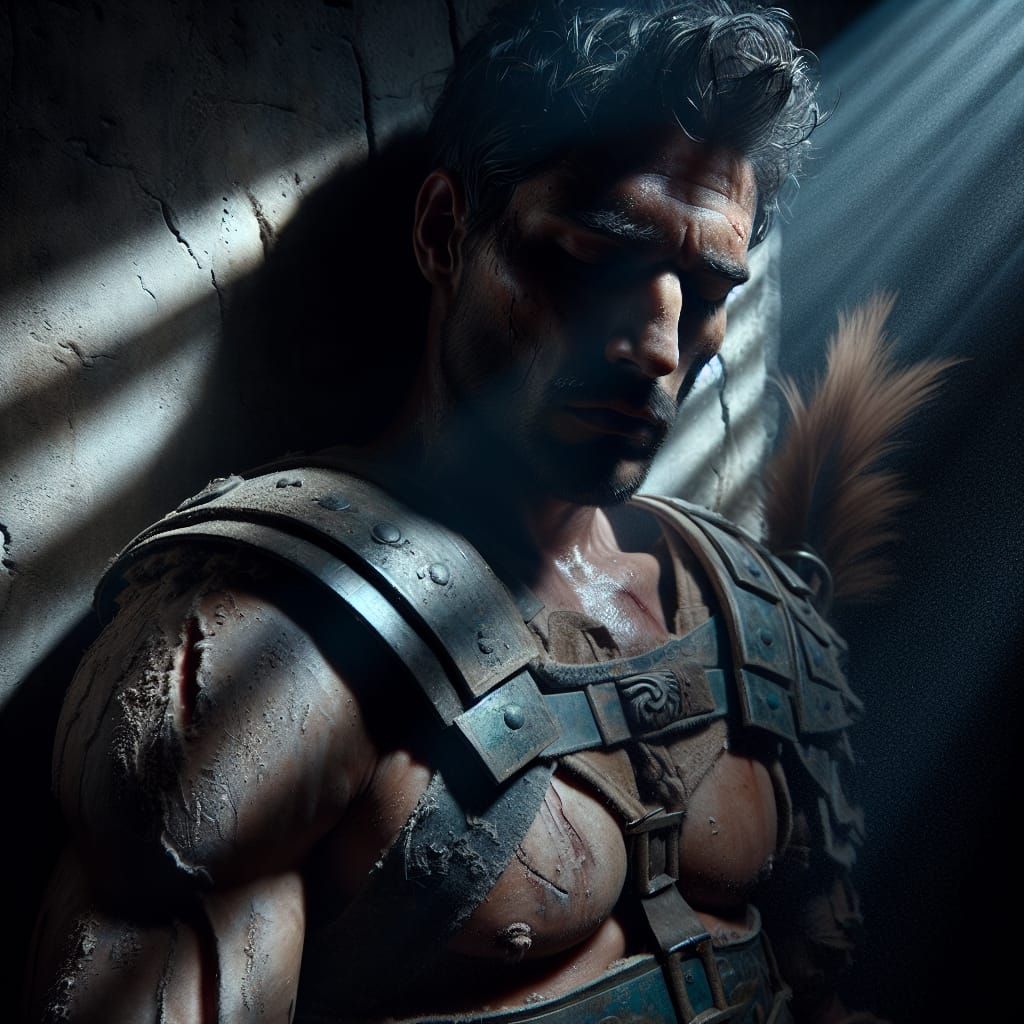 Hispanic Gladiator Awaits Battle in Dark Cell