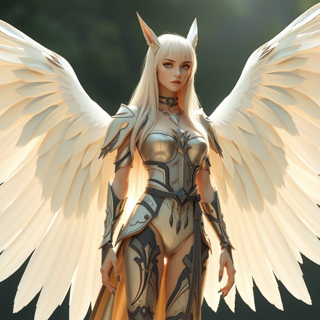 Majestic Winged Creature with Luminous Skin and Light Armor