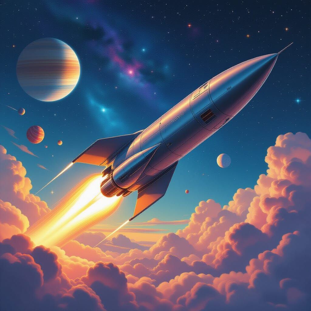 Retro-Futuristic Rocket Launching into Starry Space