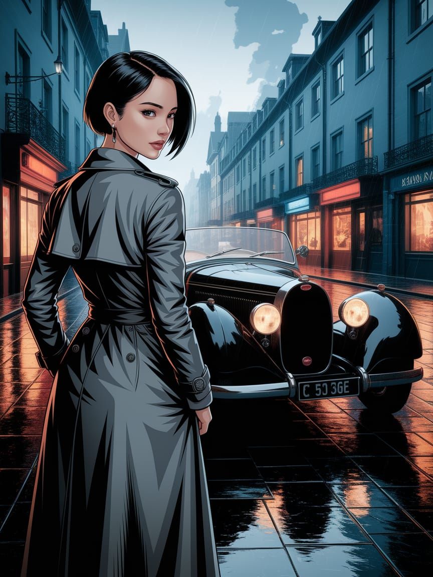 Noir Woman and Bugatti in Anime Style