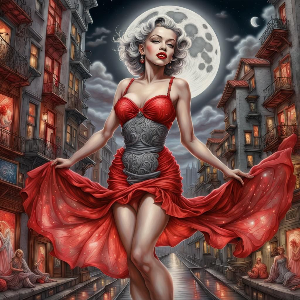Marilyn Monroe in Cityscape with Red Moon
