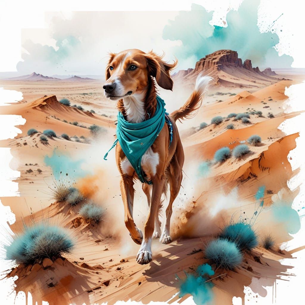 Bedouin Tracker and Saluki Hound in Desert Dunes Watercolour