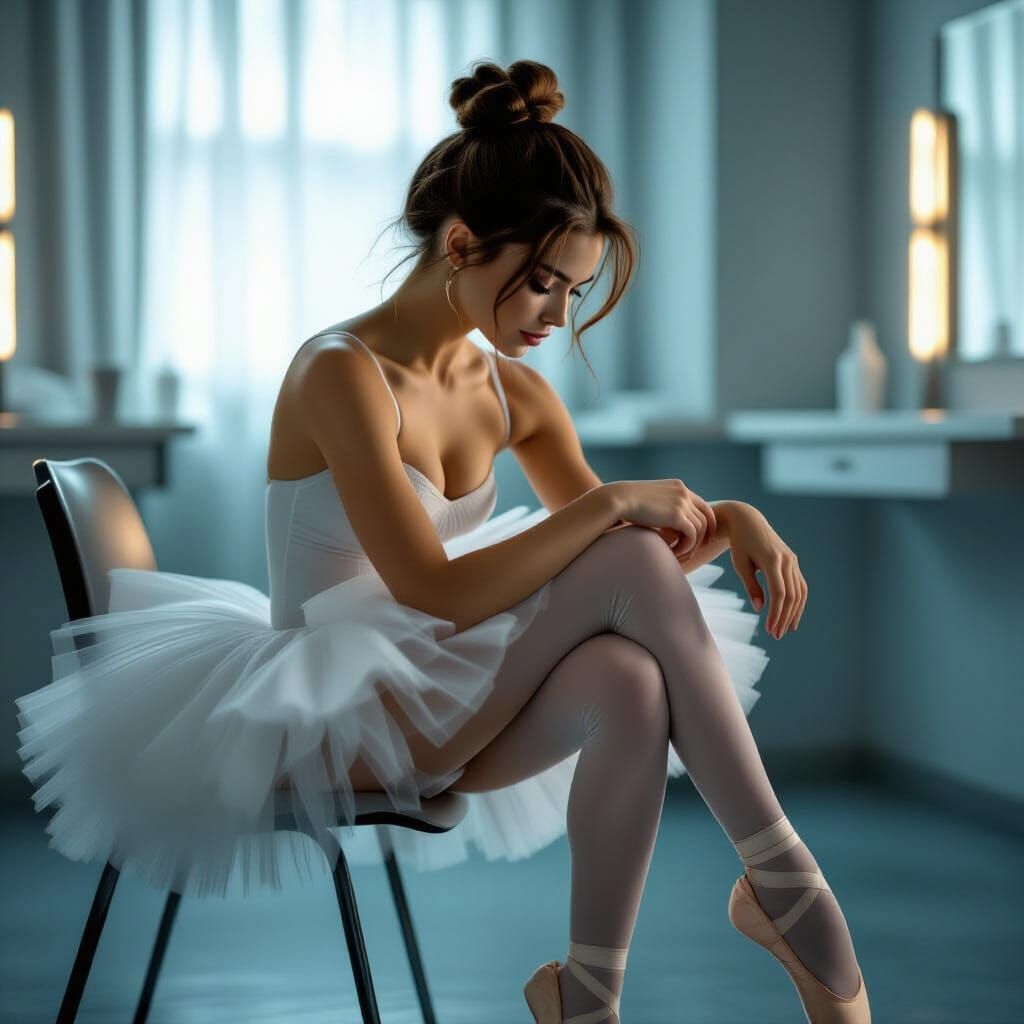Ballerina Tying Shoe in Dressing Room: Photorealistic Image