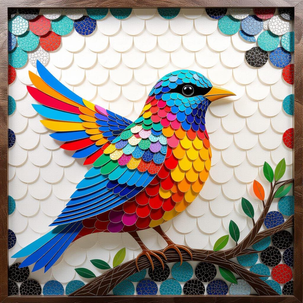 Colorful Bird Constructed from Fish Scales