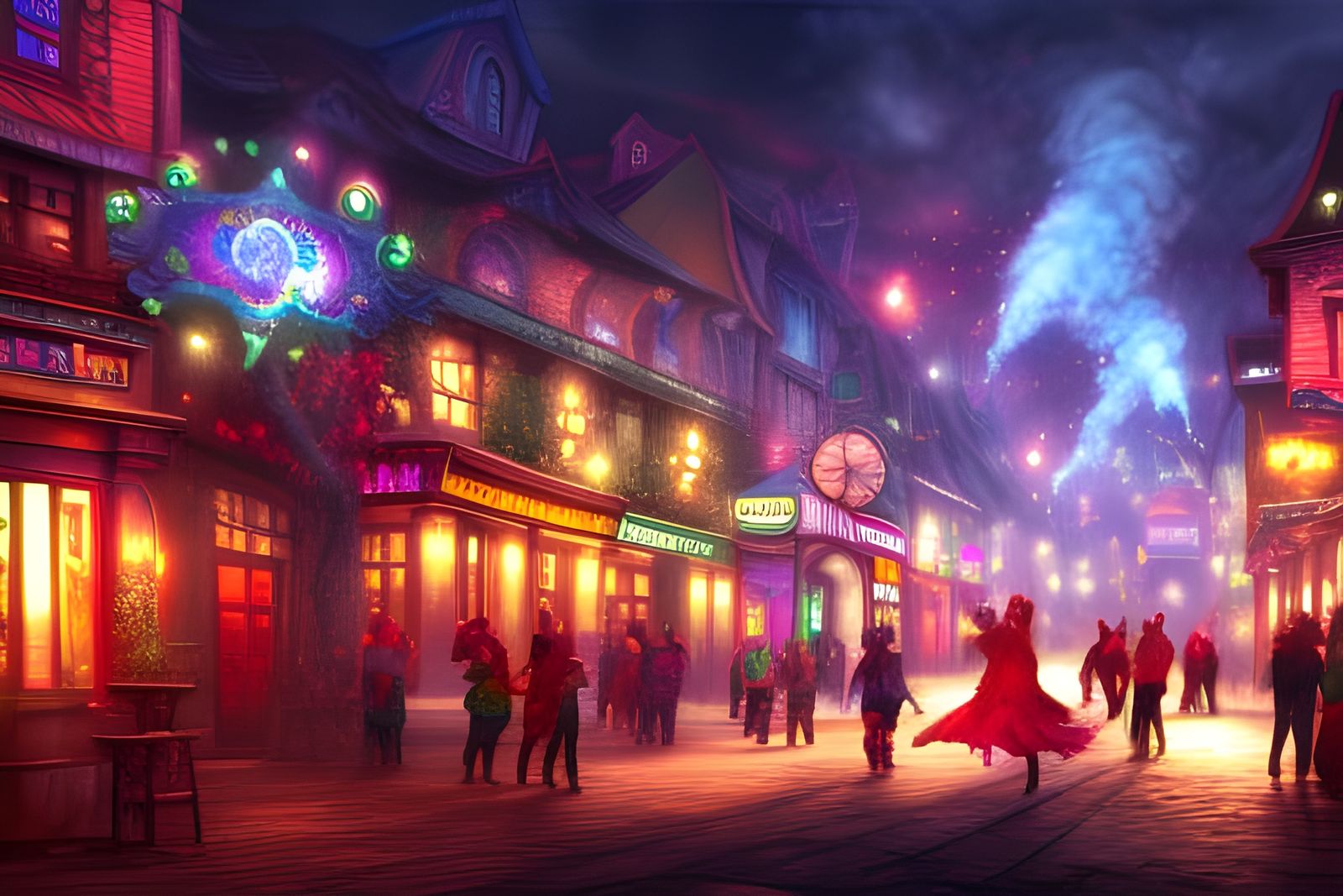 Enchanted Town Street with Magic Music, Fantasy Art