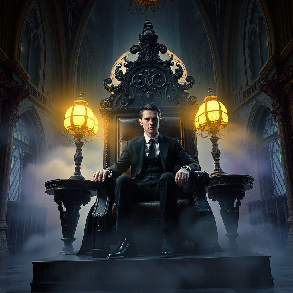 Vampire on Art Deco Throne in Gothic Setting