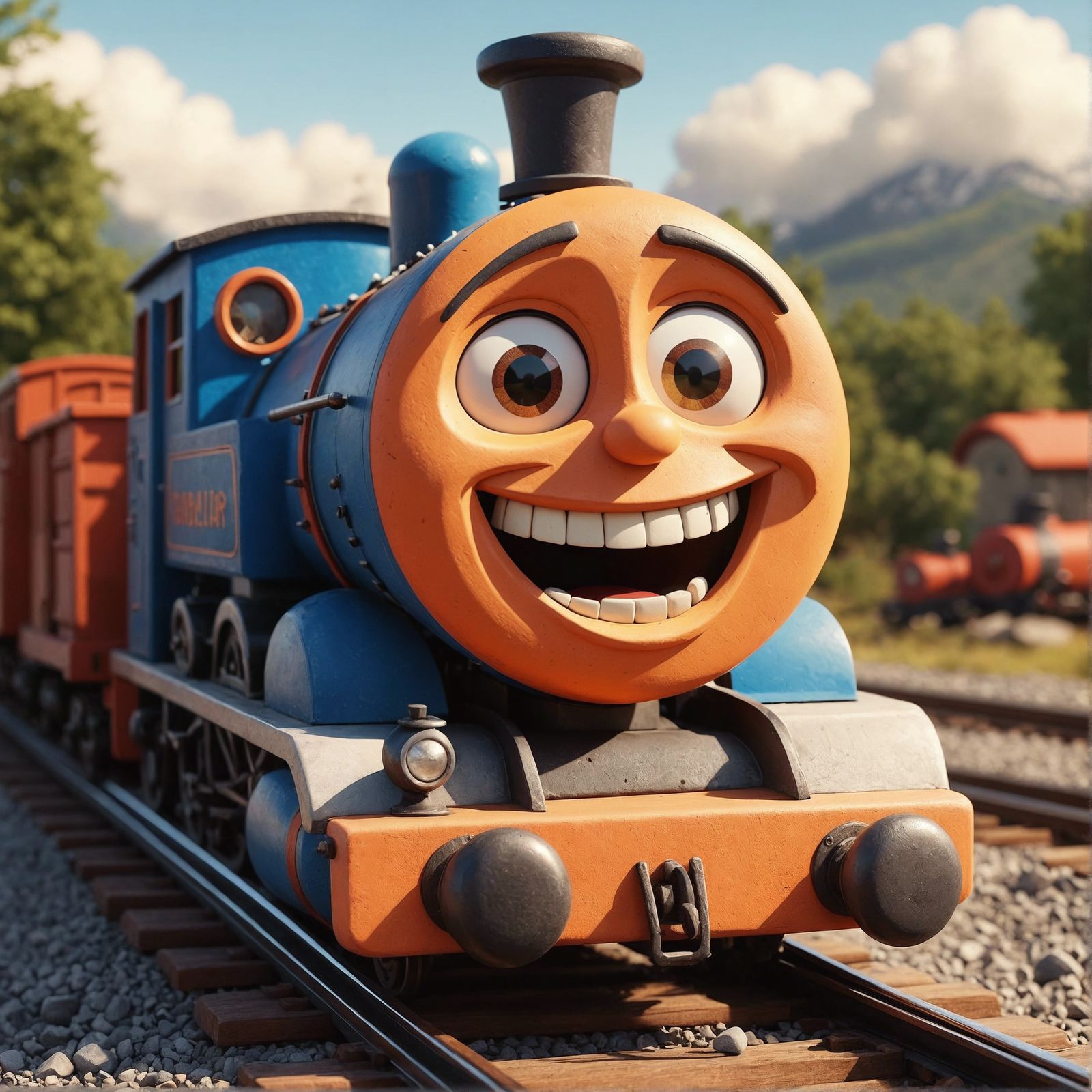 Happy Cartoon Claymation Train on a Sunny Day