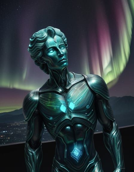 Cosmic Labradorite Statue with Aurora Face in Mystical Obser...