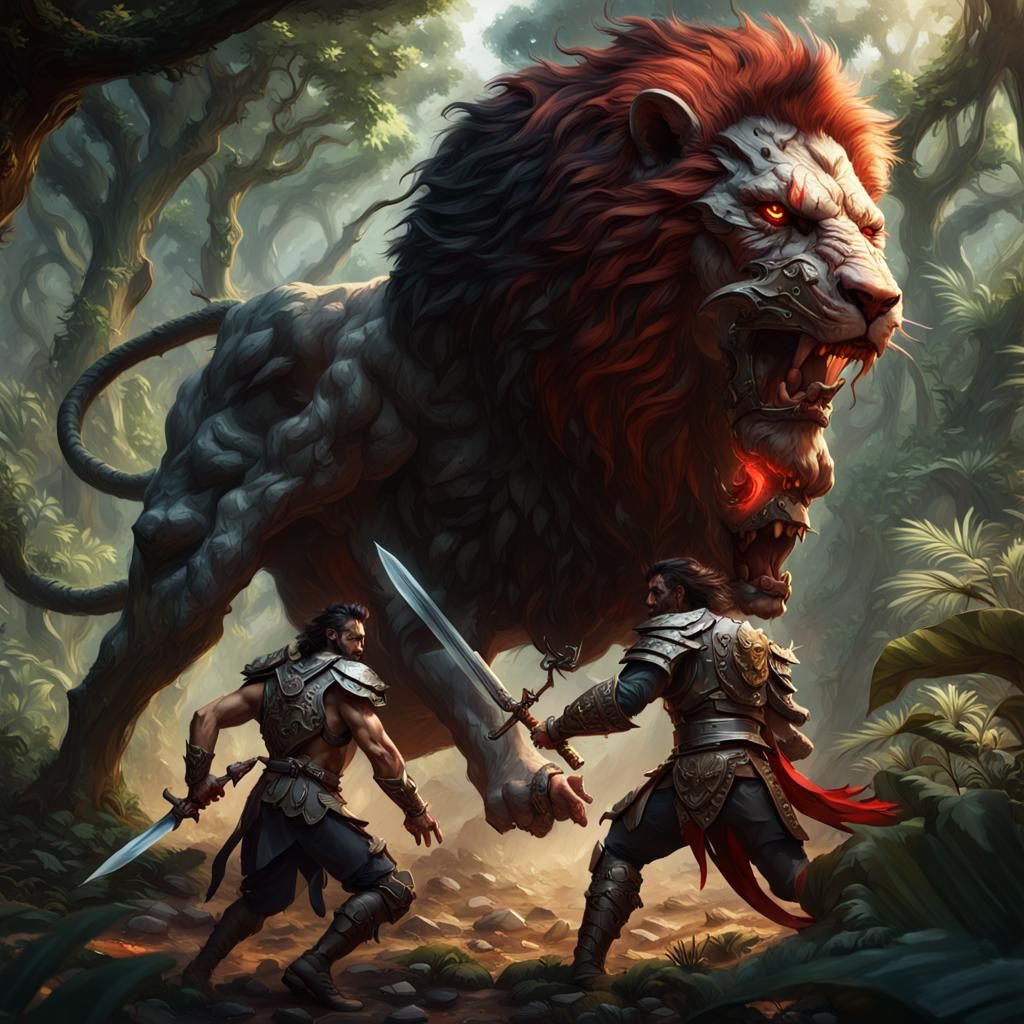 Demon Attacks Lion Warrior in Jungle Combat