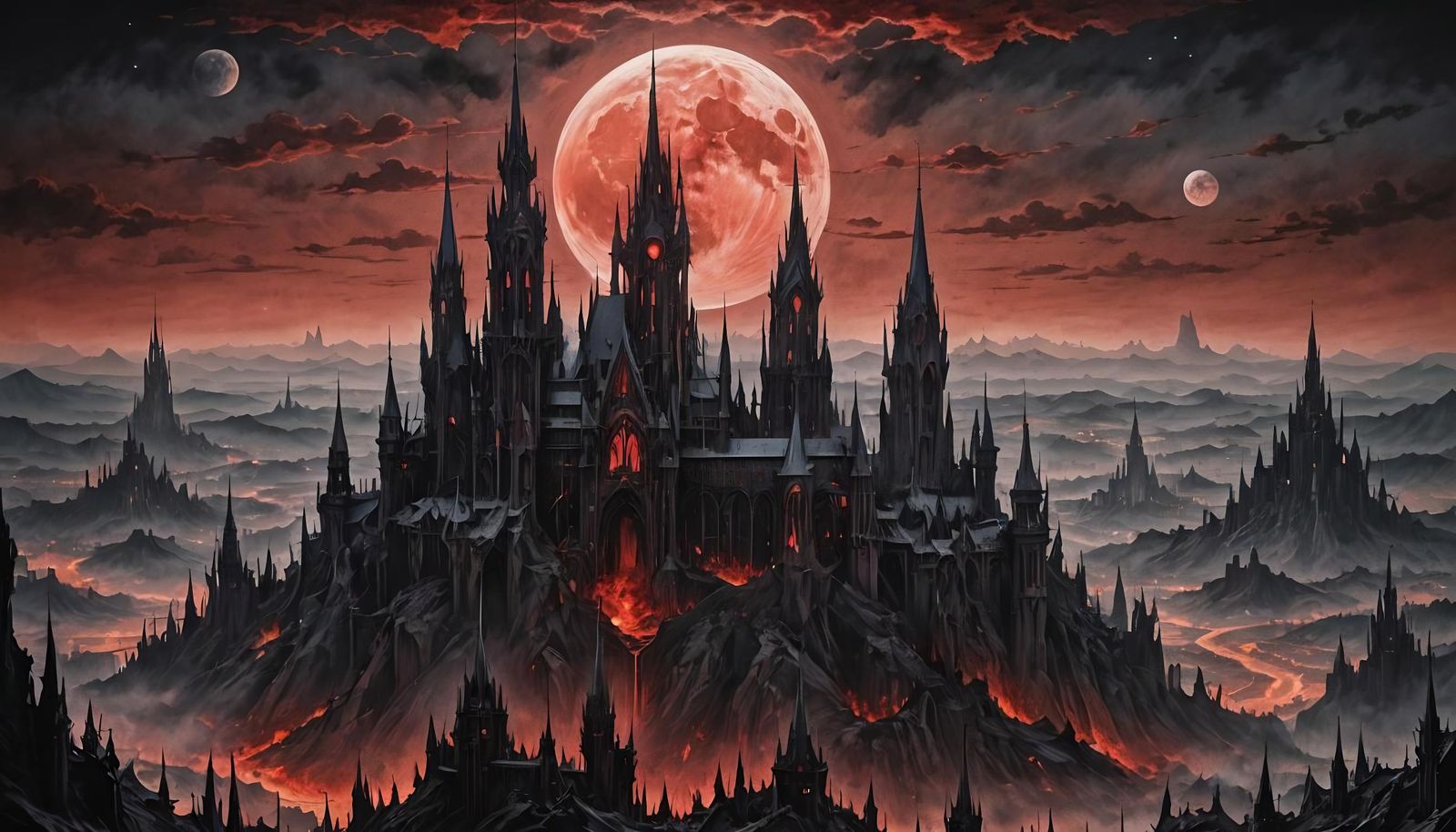 Blood Moon over Evil Castle in Inksplash Style