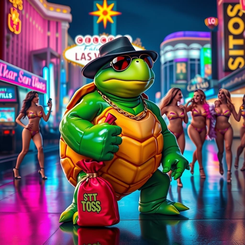 Slick Green Turtle Struts Las Vegas Strip at Night