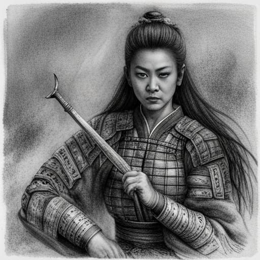 Samurai Woman with Sword: Hyperdetailed Charcoal Art