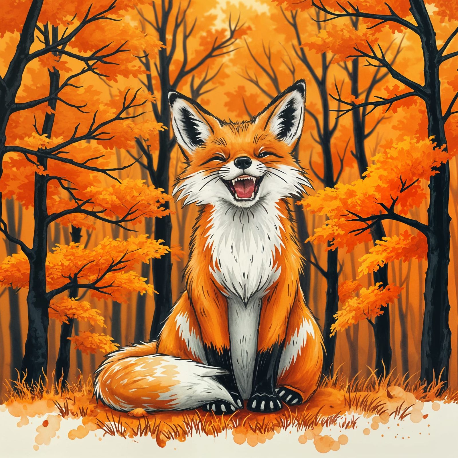Joyful Fox in Autumn Forest, Watercolor Illustration