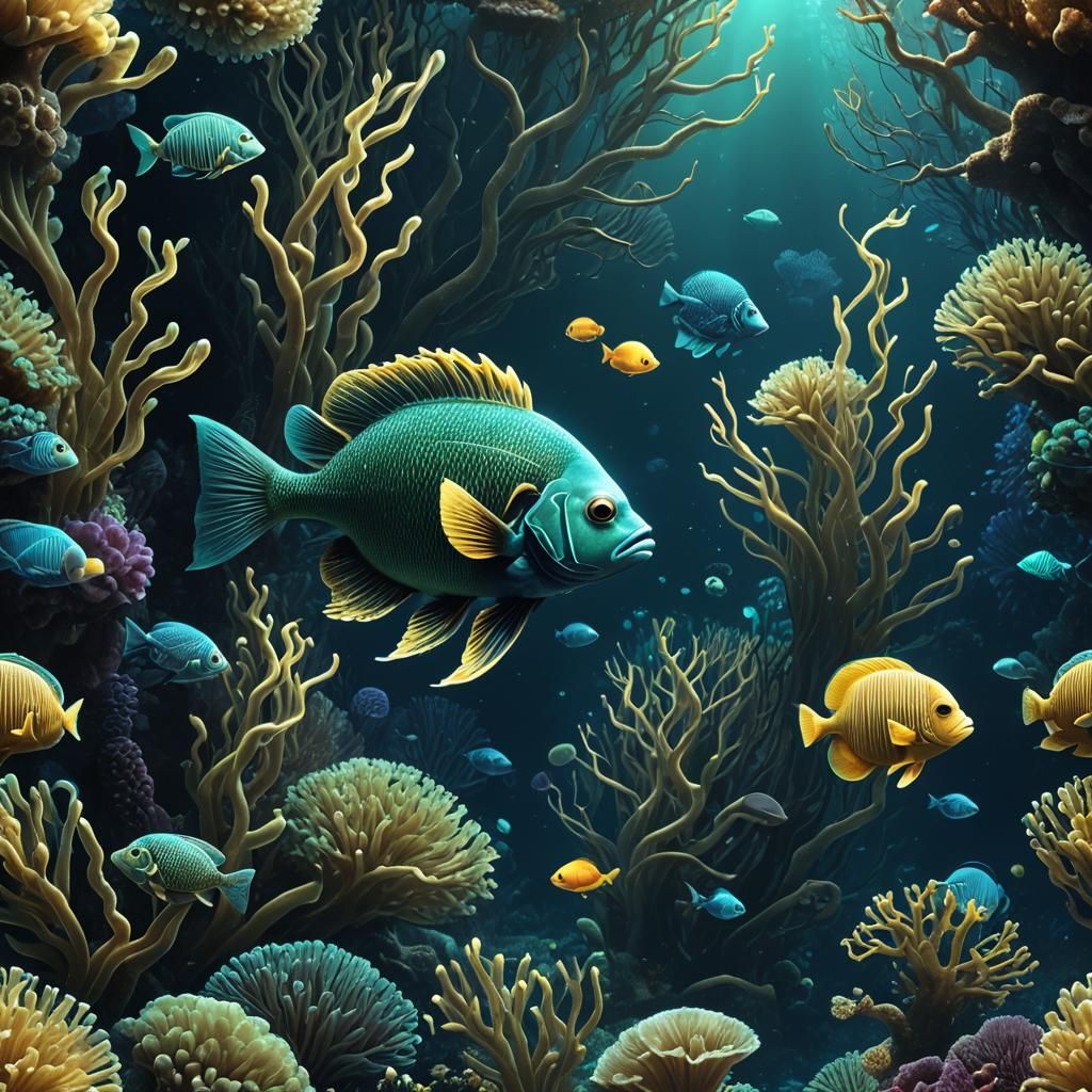 Golden Fish in Bioluminescent Ocean Depths