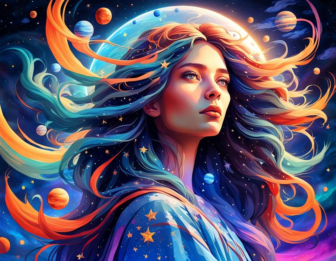 Mystical Zodiac Woman Portrait in Digital Art Style
