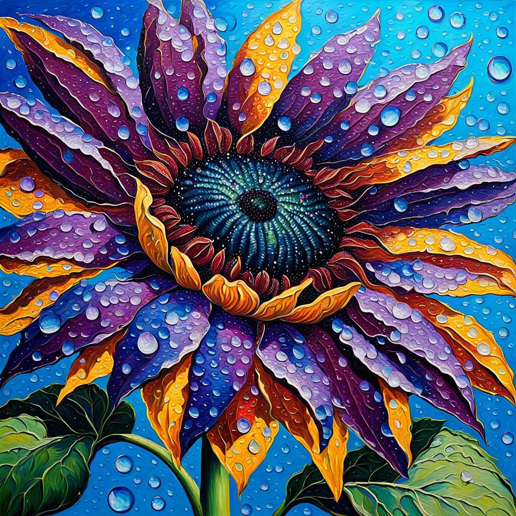 Purple Sunflower with Raindrops in Expressionist Style