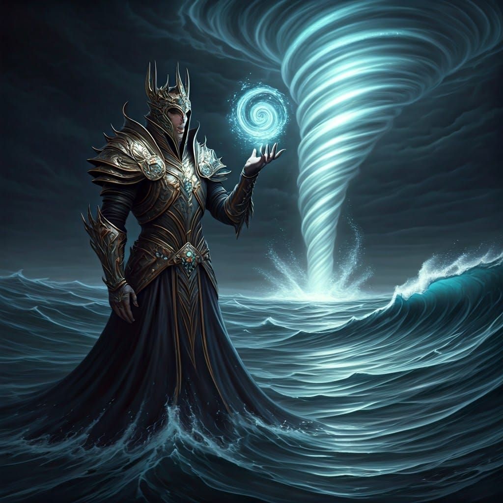 Regal Sorcerer Conjures Ocean Vortex in Fantasy Art
