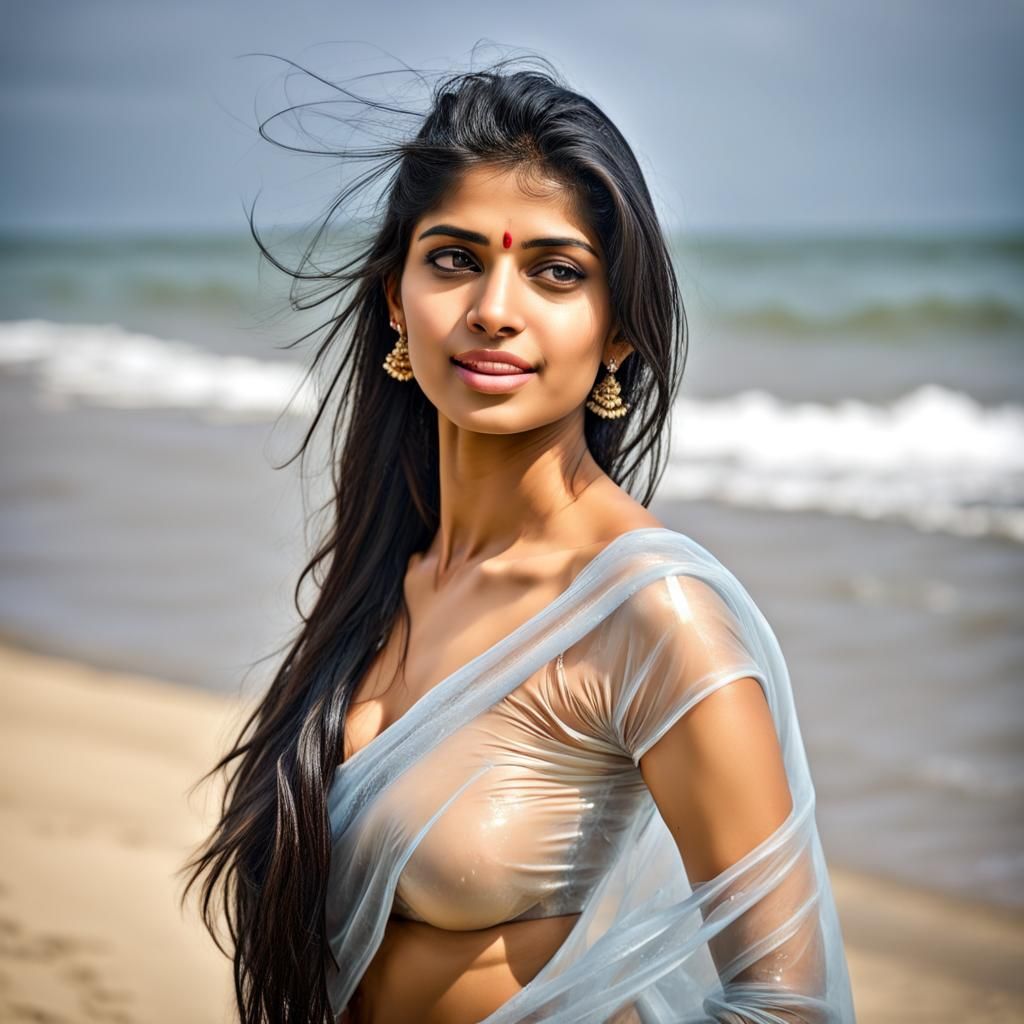 Indian Woman in Wet Saree on Beach