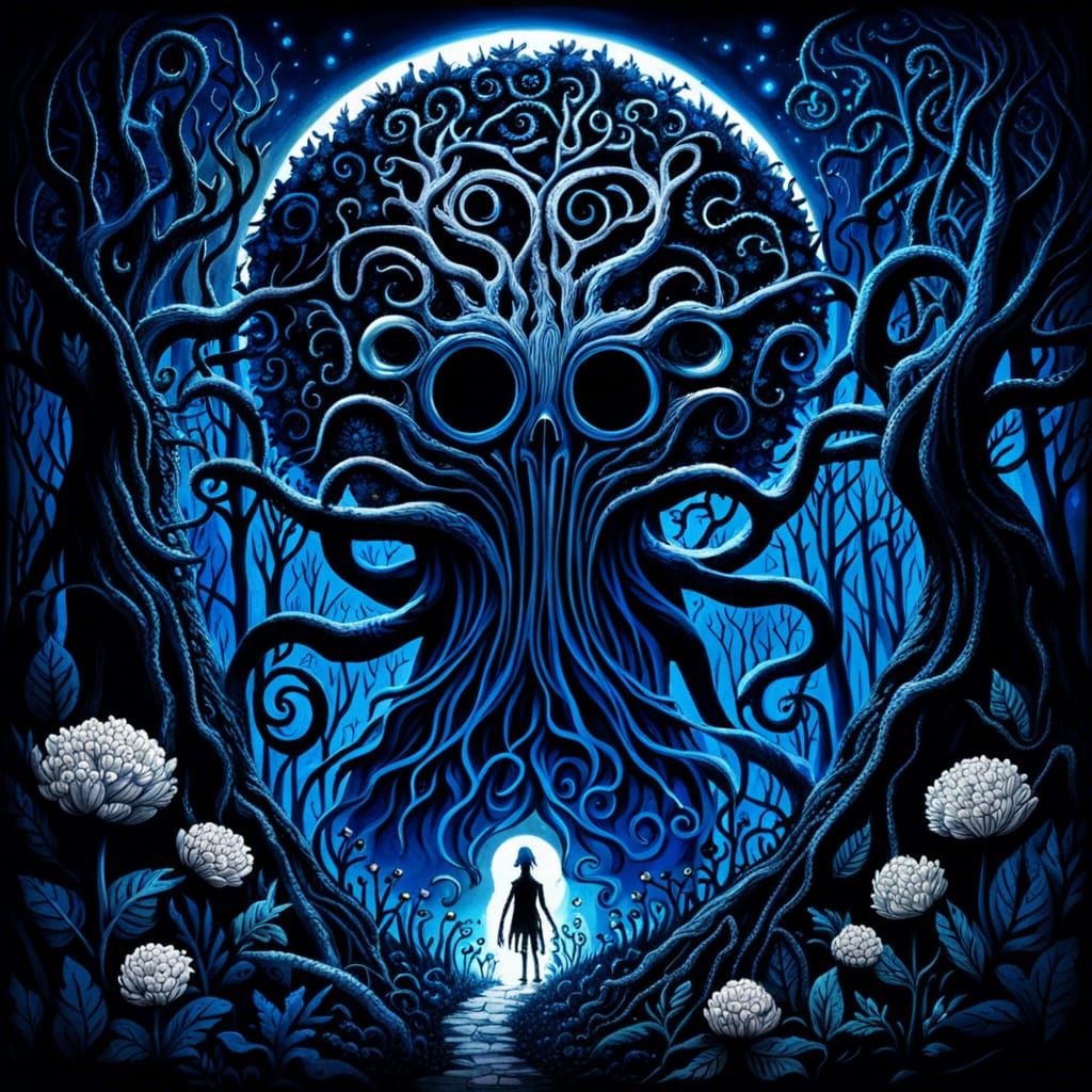 Eldritch Figure in Dark Forest, Tim Burton Style